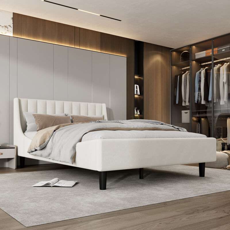 Lit Rembourré 140X200 Cm Avec Sommier à Lattes, Design Minimaliste En Velours, Beige - Roomfitters