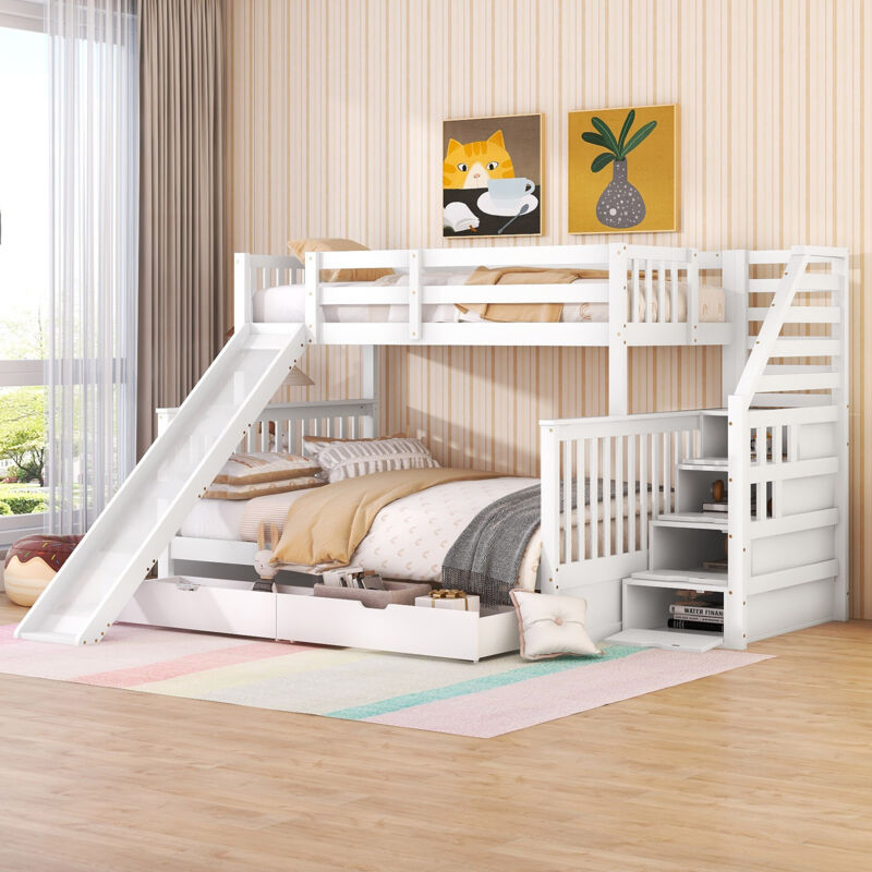 Lit superposé 90x200 au-dessus 140x200 avec rangement, toboggan, tiroirs, design multifonctionnel, Blanc - Roomfitters