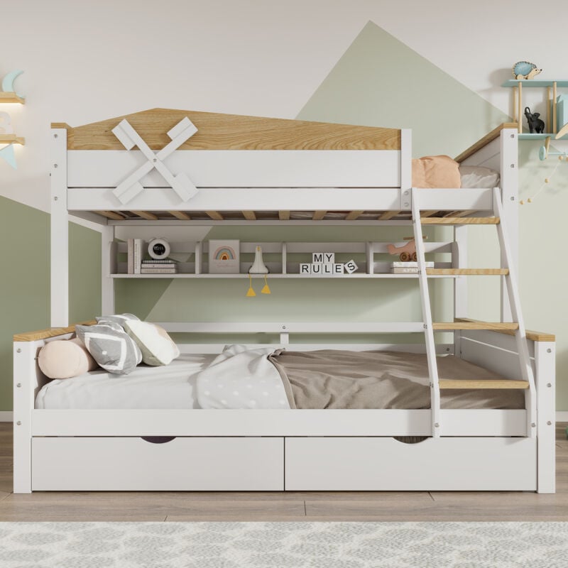 Roomfitters - Lit Superposé avec Éolienne, Étagères, Lit Enfant, Barrière de Sécurité Colorée, Échelle à 4 Niveaux et Tiroirs, Pin + mdf, Blanc +