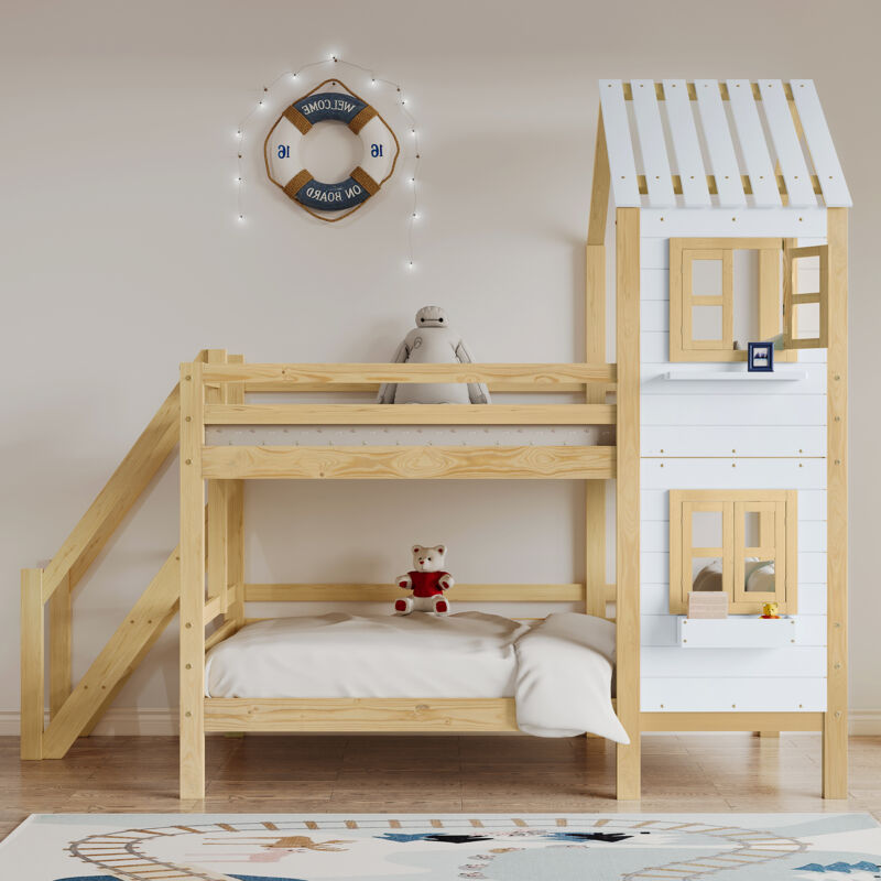 Roomfitters - Lit Superposé avec Rampe et Fenêtre, Lit Maison, Lit pour Enfants avec Barrière de Sécurité et Garde-corps, Cadre en Bois, Blanc+Naturel