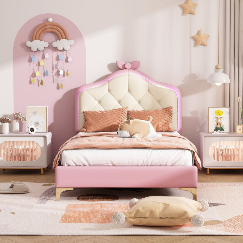 Lit Tapissier avec Tête de Lit en Forme Ondulée, Nœud Rose, Lumières Multicolores, Sommier en Bois, Lit Simple, pu, 90x200cm, Blanc+Rose - Roomfitters