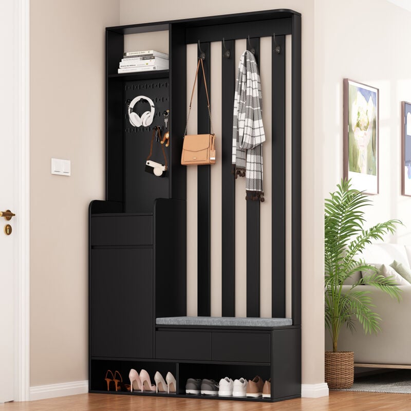 Roomfitters - Porte-manteau d'entrée avec banc et panneau perforé, organisateur moderne avec 4 crochets, Noir