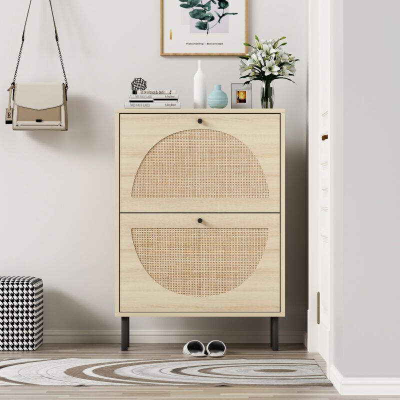 Roomfitters - Schuhschrank für den Eingangsbereich, weiß, mit 2 Türen, 2-stufigen Regalen und stabilen Füßen, 25 kg Tragkraft, ideal für