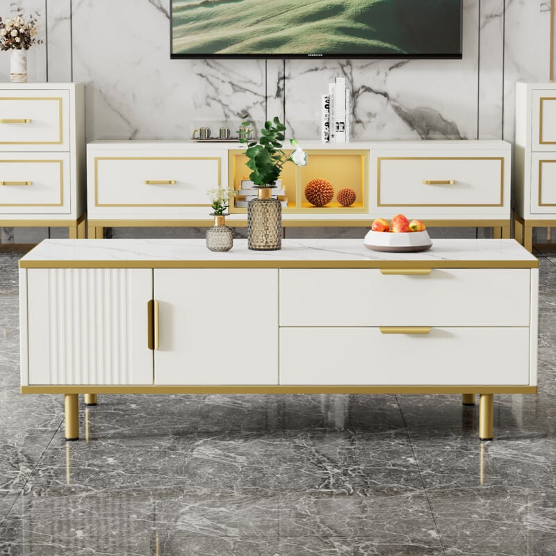 Roomfitters - Table basse moderne haute brillance, luxueuse, avec tiroir, table basse, table de salon, plateau de table avec motif marbré, décor en