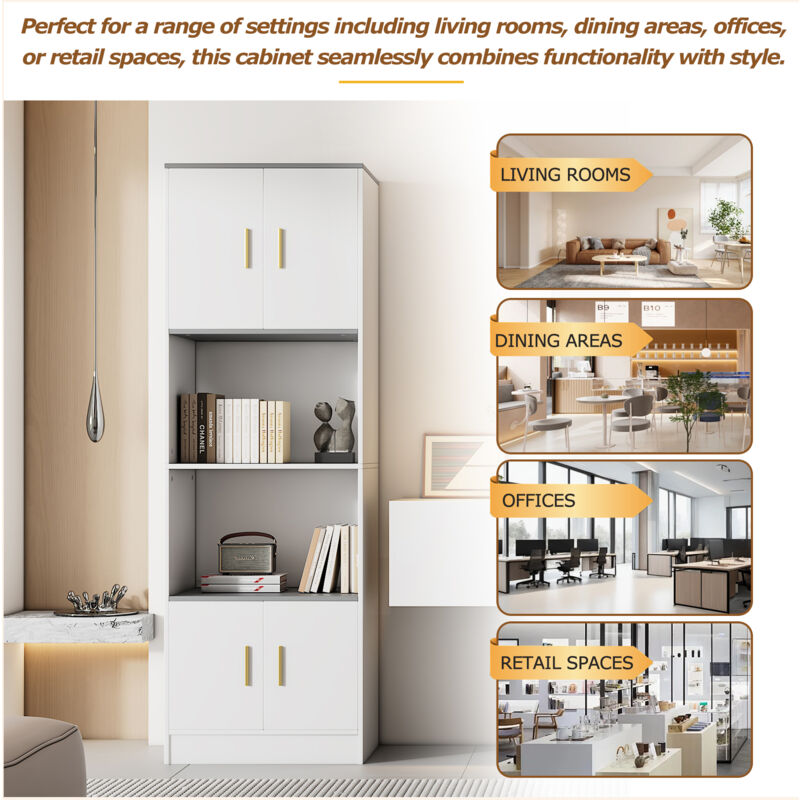 Roomfitters Vitrine indépendante 60x40x180 cm blanche - 4 portes avec espace ouvert au centre avec charnières silencieuses - buffets de cuisine,