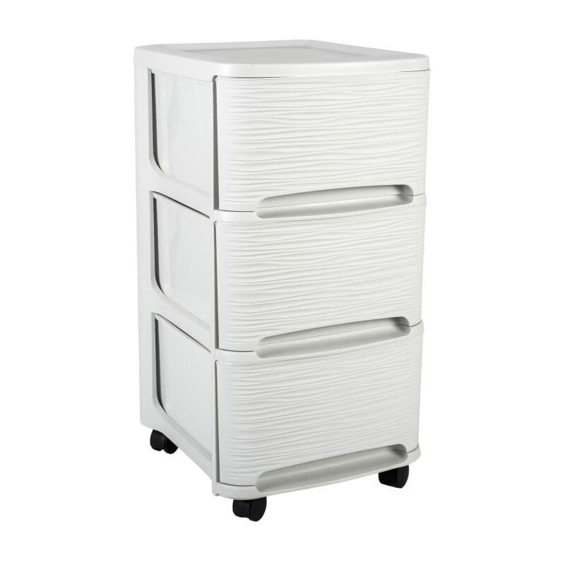Eda Plastique Tour De Rangement - 3 Tiroirs 14 L Décor Stone Avec Roulettes - Blanc Cérusé - 32 X 37 X 61 Cm