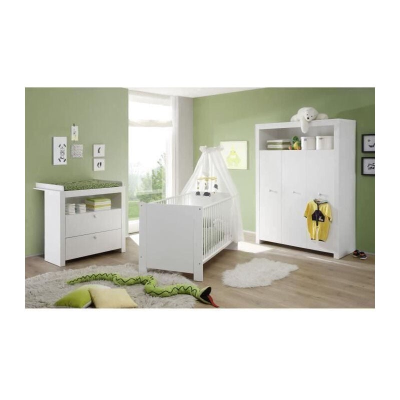 OLIVIA Chambre Bebe Complete : Lit 70*140 cm + Armoire + Commode - blanc