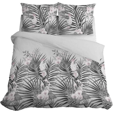 Ropa de cama de satén 160x200 Hojas Flores Gris
