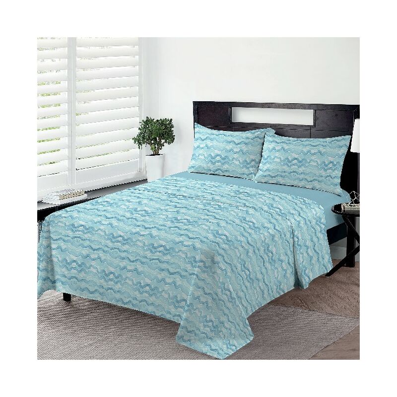 

Ropa de cama Waves - Doble - con sabana bajera, sabana con esquinas, funda de almohada - Azul, Blanco en Algodon, Sabana superior 240 x 280 cm,