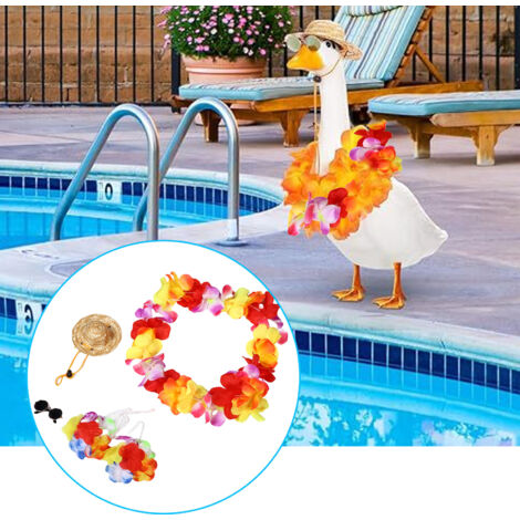 [Ropa de decoración de jardín] [Tamaño ajustable: 58 cm o 43 cm] [Ligero: 66 g poliéster] Figura de ganso con traje hawaiano veraniego, sombrero de paja y gafas.