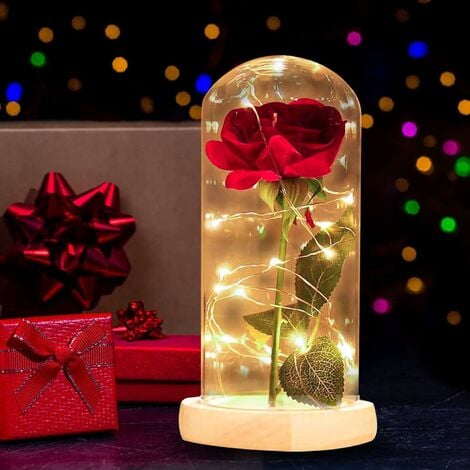 Rosa eterna, flores artificiales en campana, rosa mágica con tira de luz LED, rosa de regalo para cumpleaños, día de San Valentín, día de la madre y aniversario.