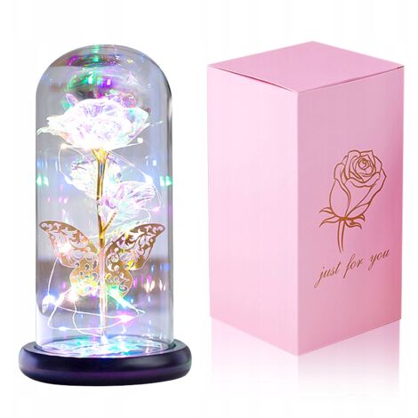 Rosa eterna multicolore in vetro, regalo con luce LED arcobaleno