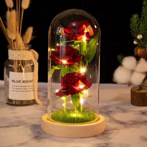 Compleanno. la Nonna Fiore Artificiale Rose Incantate Cupola di Vetro con Base Pino Luci LED Regalo Rosa Regali per la Mamma San Valentino Rosa Regalo Alla Mamma o la Moglie Rosa Rosa 
