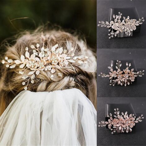 rosa/silber f Kristall-Haarschmuck mit Blumen und Blättern für die Braut