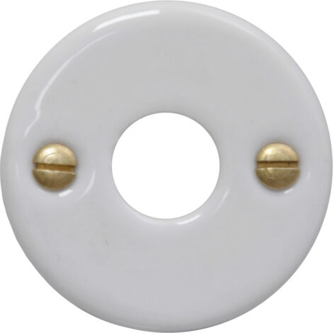 Rosace porcelaine 50 mm – Modèle bec de cane – Décor blanc – Livré avec visserie laiton poli – Pour porte – Merigous