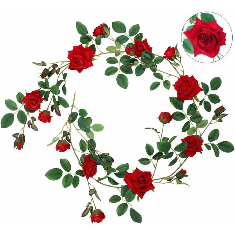 Guirlandes de roses artificielles en velours de soie - 1.8 m - Pour fête de mariage, maison, décoration murale de jardin - Rouge