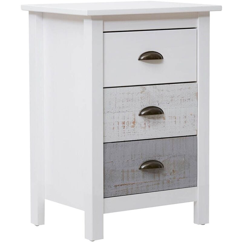 Altobuy - rosalia - Chevet 3 Tiroirs Bois Aspect Vieilli Blanc et Grisé