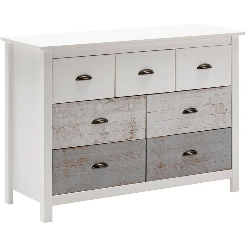 Altobuy - rosalia - Commode 7 Tiroirs Bois Aspect Vieilli Blanc et Grisé