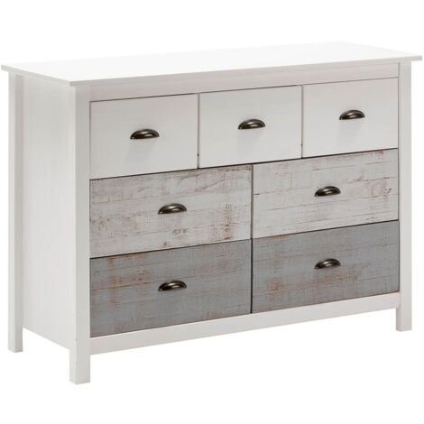 ROSALIA - Commode 7 Tiroirs Bois Aspect Vieilli Blanc et Grisé