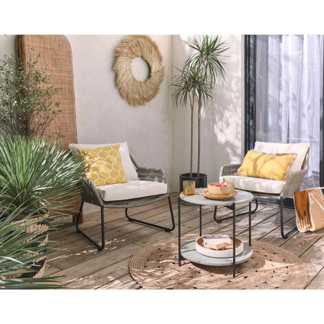Rosane - salon bas de jardin en corde 2 places + table ciment - coussins beiges - Taupe, beige, noir