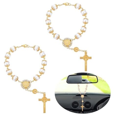 Rosario per specchietto retrovisore auto, confezione da 2, croce da appendere allo specchietto retrovisore, accessorio decorativo per interni auto per donne e uomini (oro)