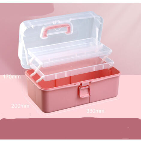 (Rose) 33cm Storage Box with 3 Layers, Multifunctional Plastic Toolbox with Handle for Sewing, Makeup, Medicine