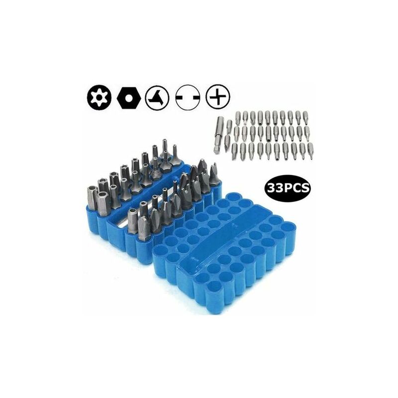 34 pcs Magnetic Screwdriver Bits with Extension Bit Holder, Safety Anti-tamper sae Metric Hex Tri-Wing Torq Star Socket Wrench - Blue - Rose
