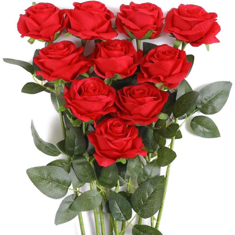 Ugreat - Rose Artificielle Fleurs De Soie Bouquet Home Office Arrangements De Mariage Rouge (10 pcs)