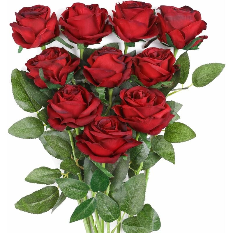Serbia - Rose Artifici Fleurs en Soie Bouquet Home Office Arrangements De Mariage Vin Vin Rouge (10 pcs)