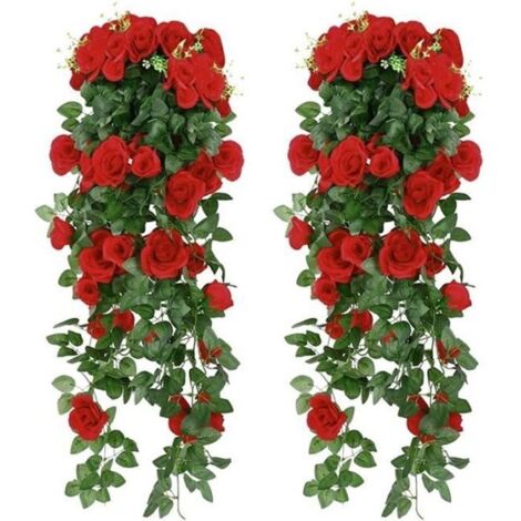 Rose Artificielle Fleurs Fausses Plantes Suspendues Mur Maison Balcon Panier Decor Pack de 2