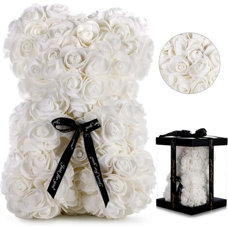 Rose Bear Artificial Flower Bear - Best Gifts for Women, Pure Handmade Rose Teddy Bear, Christmas, Valentine's Day, Anniversary, Birthday, Wedding Gifts, Clear Gift Box （White）