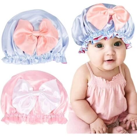 (Rose, Bleu)Bonnet de Nuit - Satin - Lot de 2 - Élastique - Hypoallergénique - Pour Enfants
