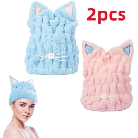 (rose, bleu)Serviette de séchage cheveux - Non spécifié - Modèle avec oreilles de chat - Molleton - 23x27 CM - Lot de 2