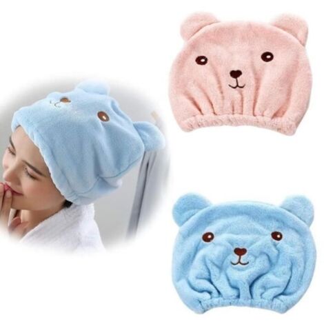 (rose, bleu)Serviette séchage cheveux Bandana absorbant ours - 2 pièces - Rose et bleu - Fibre polyester