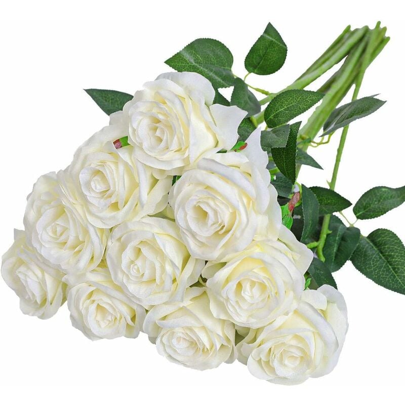 Artificiel Soie Rose Fleurs Tige Unique Une Fausse Rose Réaliste pour Le Bouquet de Mariage Arrangements Floraux Décoration, 10pcs (Blanc)