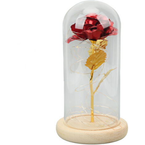 Rose dorée sous cloche avec lumière LED - Cadeau romantique pour la Saint-Valentin, symbole d'amour et de chance