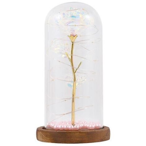 Rose en perles d'imitation sous cloche en verre avec lumière LED éternelle, cadeau idéal pour la Saint-Valentin, un anniversaire de mariage ou une décoration de Noël.