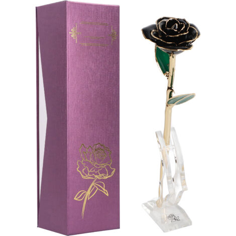 Rose en Résine Protéinée Noire Dorée 24K avec Socle - Cadeau Saint-Valentin & Anniversaire