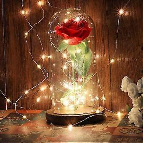 Rose éternelle Bell, charmante rose en soie sous dôme en bois de rose inspirée par B - Rose artificielle - Cadeau et décoration intérieure