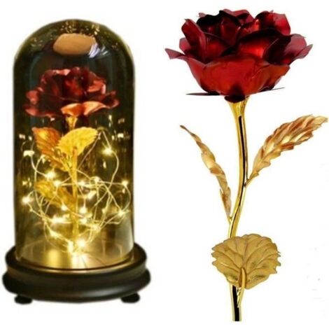 Rose Eternelle - Romantique - Rouge - Plaqué Or 24K - Verre de Haute Qualité - LED Blanc Chaud