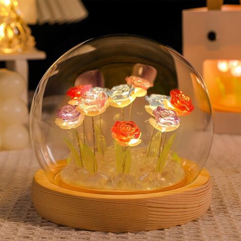 Rose éternelle sous cloche – 10 LEDs rouges, cadeau romantique femme/mère/petite amie