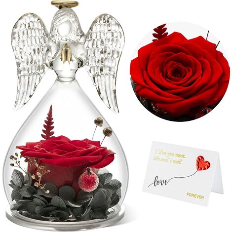 Rose Eternelle sous Dôme Ange, Cadeau Maman, Fleurs Eternelles avec Ange Figurine,Cadeau Fete des Meres,Vraie Rose avec Ange Gardien,Cadeau Anniversaire Femme,Cadeau Femme,Rouge