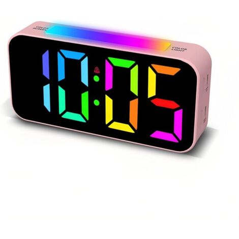 Rose, farbenfroher digitaler Wecker mit Schlummerfunktion, großem RGB-Display, 8 Farboptionen, 12-/24-Stunden-Anzeige und Lautstärkeregelung