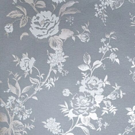 Rose Gold Grey Floral Textured Wallpaper Flower Leaf Thick Silver Metallic Vinyl