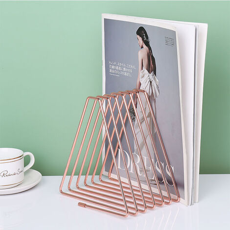 Rose Gold Magazine Rack, Triangular File Organizer, Bookshelf Magazine Rack, Metal Bookends for Home Office Books Magazines and Newspapers BF