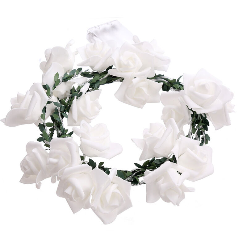 Rose guirlande lumineuse aux feuilles vertes,2.2M LED blanc chaud fleurs de rotin lumières féériques,alimenté par pile lumières décoratives pour