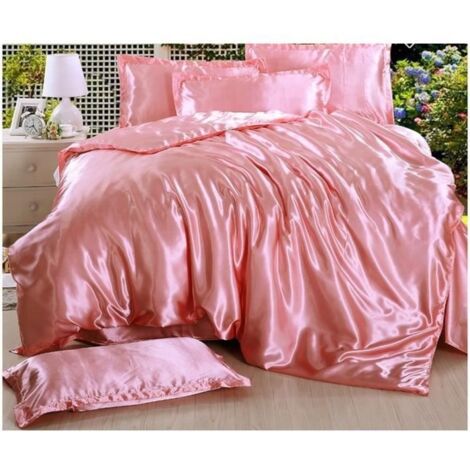 (Rose pâle)Parure de Lit 4 Pièce Housse de Couette en Soie 220 x240cm Drap de Lit 230x240cm avec 2 Taies d'Oreiller 48x74cm Luxe Pâle-Pink