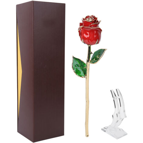 Rose Rouge Dorée 24K avec Support - Idée Cadeau Saint-Valentin Anniversaire Décoration