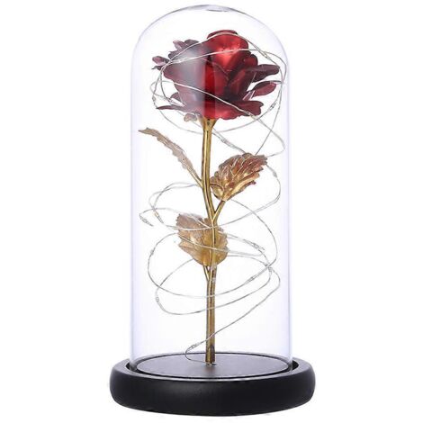 Rose rouge enchantée sous cloche en verre avec lumière LED - Cadeau de Saint-Valentin - Décoration d'anniversaire de mariage