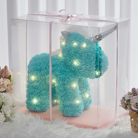 Rose Unicorn Artificial Flower Unicorn Festivals Gift with LED Light, Tiffany Blue
